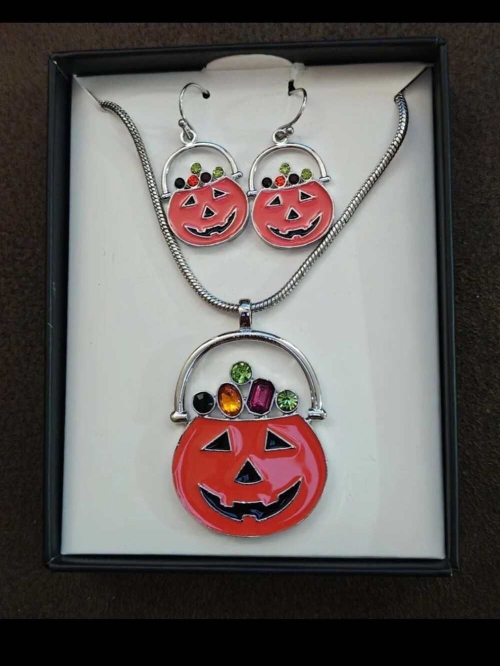 3 Piece Silver Tone Set Of Halloween Orange Jack-o-Lantern Earrings & Necklace.